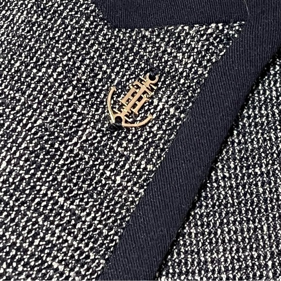 TOMMY HILFIGER Womens 10 Navy Blue Tweed Linen Look Jacket Blazer Lapel Logo Pin - Picture 3 of 16